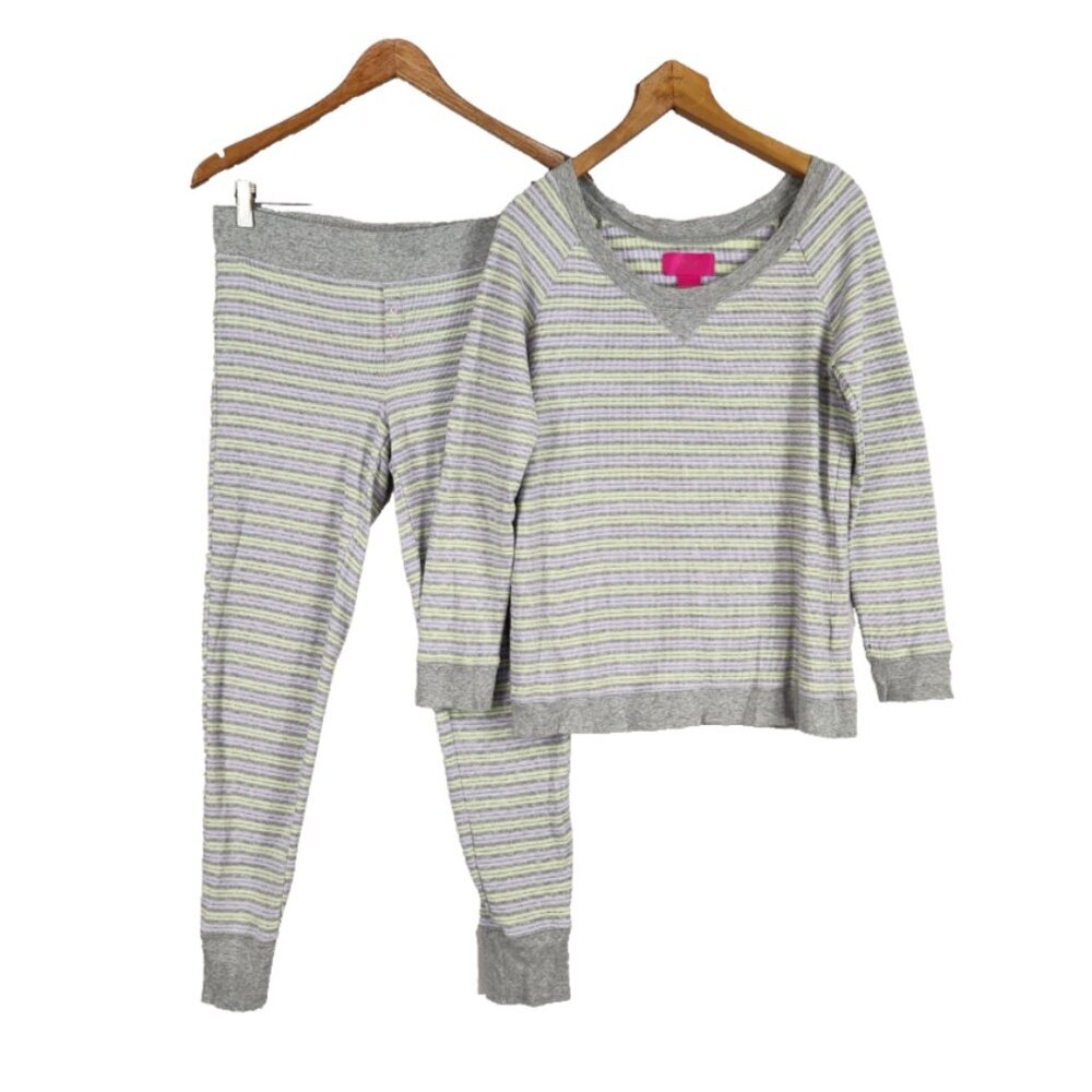 Victoria's Secret Long Jane Thermal Pajamas Womens M Gray Purple Yellow Striped